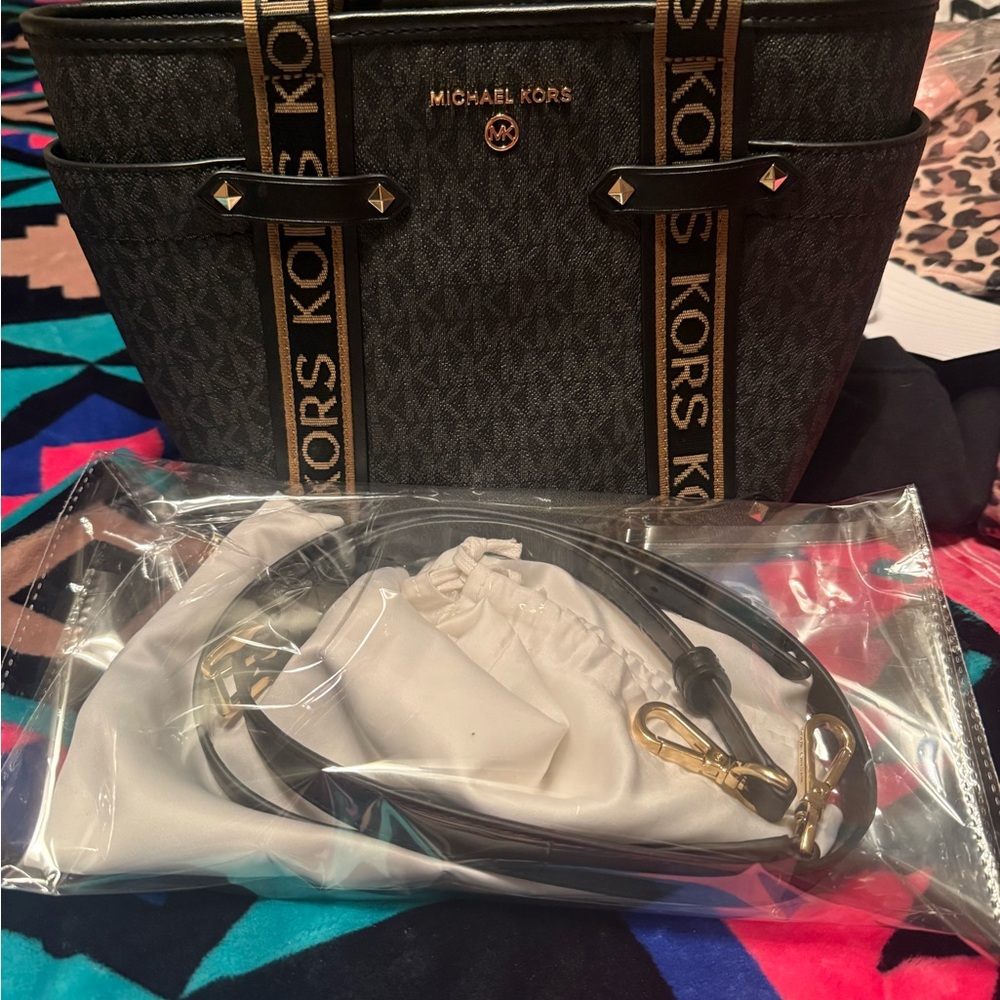Michael Kors Black Signature MK Tote with Gold Trim